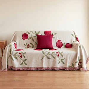 Copridivano color melograno, coperta botanica rossa, copridivano con frange, coperta floreale intrecciata