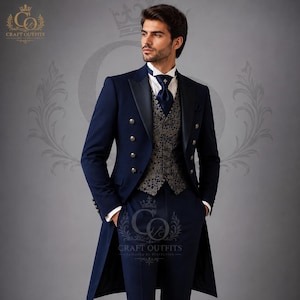 May include: A navy blue double-breasted tailcoat suit featuring a patterned gold and navy vest, a white dress shirt, and a matching navy blue necktie. The jacket has black lapels and silver-toned buttons. The logo Craft Outfits is visible.