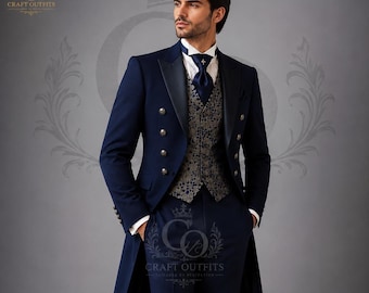 Navy Blue Tailcoat Tuxedo, Men's Wedding Suit, Gold Pattern Waistcoat, Groom Formal Suit, Royal Blue Tailcoat, CUSTOMIZE COLOUR & SIZE