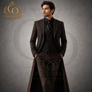 May include: A dark brown double-breasted long coat worn over a black vest, black dress shirt, black tie, and matching dark brown trousers. The ensemble features a structured lapel, multiple buttons, and a long silhouette reaching the knees.