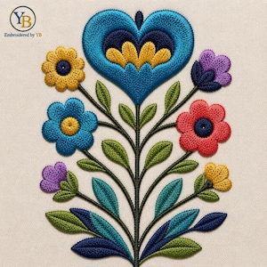 May include: A floral embroidery design on a light fabric featuring a large central blue heart-shaped flower with yellow petals, surrounded by smaller yellow, blue, purple, and red flowers with green leaves and stems. The logo Embroidered by YB is visible.