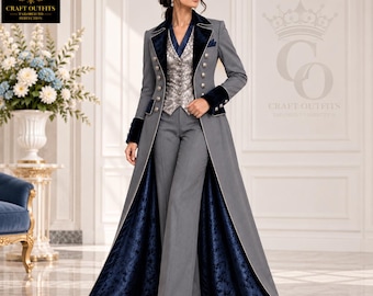 Traje de frac gris para mujer, esmoquin de terciopelo azul marino, traje formal victoriano, chaleco elegante de brocado, atuendo para boda real