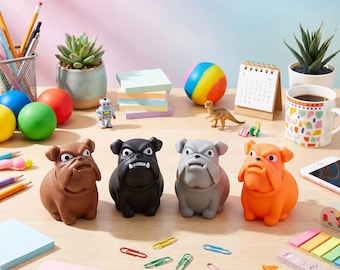 Angry Bulldog Squeeze Toy Set, Stretchy Roaring Dog Head Stress Relief Fidget, Funny Prank Desk Toy, 4 Colors & Bundles