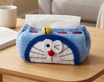 Handmade Crochet Blue Robot Cat Tissue Box Cover, Cute Anime Style Decorative Cozy, Kawaii Desk Storage, Living Room Home Decor Gift