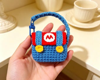 Handmade Crochet Plumber Outfit AirPods Case, Cute Backpack Style Cover, Kawaii Red Hat Hero Holder for AirPods & AirPods Pro