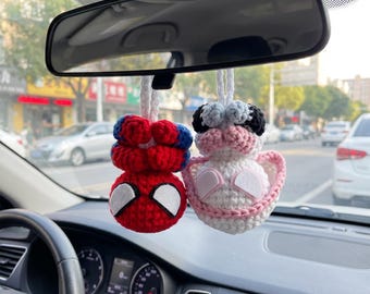 Handmade Crochet Spider Hero Car Charm – Rearview Mirror Hanger, Keychain, Bag Accessory