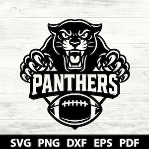 May include: Black and white graphic of a panther with the word "PANTHERS" and a football. The panther has an angry expression and is surrounded by its claws. Below the image are the file types: SVG PNG DXF EPS PDF.