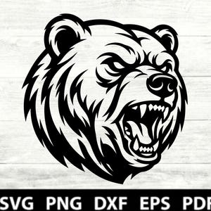Puede incluir: Una ilustración gráfica en blanco y negro de una cabeza de oso gruñendo con dientes afilados y textura de pelaje visible. Debajo de la cabeza del oso, el texto dice SVG PNG DXF EPS PDF en una fuente sans-serif negrita para formatos.