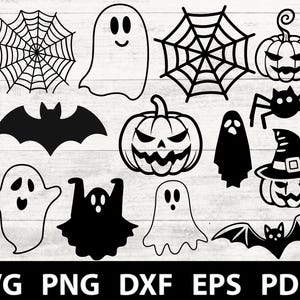 Halloween SVG Bundle, Spooky Clipart Bundle, Cute Scary SVG, Pumpkin Ghost Bat Spider Witch Hat Png, Cricut Cut File, Sublimation