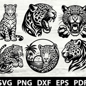 May include: A collection of black and white leopard designs. The images include a sitting leopard, a roaring leopard head, a leopard head with open mouth and claws, a leaping leopard, a leopard head within a circular beach scene, and a leopard head profile.