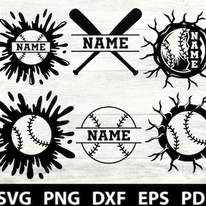 May include: Black and white baseball-themed graphics. Designs include baseballs with space for a name, baseball bats, and baseballs surrounded by splash and branch-like elements. The bottom of the image displays file type options: SVG, PNG, DXF, EPS, and PDF.