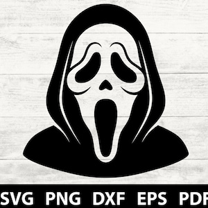 May include: A black graphic illustration of a hooded figure with a distorted, elongated face featuring large hollow eyes and an open mouth. Below the graphic, the text SVG PNG DXF EPS PDF is displayed in white capital letters on a black bar.