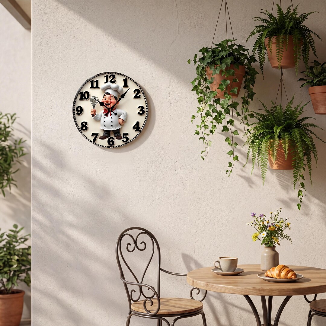 Happy Chef Wooden Wall Clock | Silent Kitchen Hanging Timer | Round ...