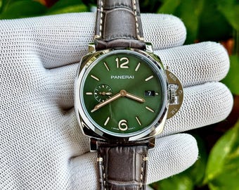 Vintage Men's watch for Panerai Due Platinumtech Automatic Green Dial Brown Leather Strap