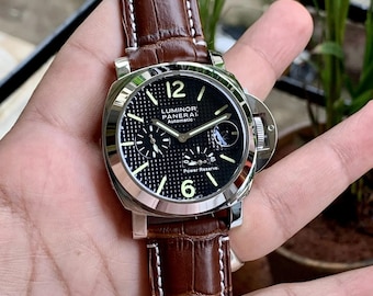 Vintage Men's watch for Panerai Power Reserve Automatic Black Dial Brown Leather Strap