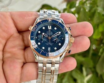 Vintage Sea Master Diver 300M Blue Two-Tone Automatic Blue Dial Chain Strap Men Watch, Gift For Men, Birthday Gift, Christmas gift