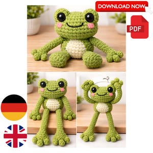 Könnte beinhalten: Eine handgefertigte grüne Häkelfrosch mit weißem Bauch, schwarzen Augen und rosa Wangen. Der Frosch wird in mehreren Posen gezeigt, einschließlich sitzend und mit erhobenen Armen. Das Bild enthält auch eine Schaltfläche "JETZT HERUNTERLADEN" und ein PDF-Symbol.