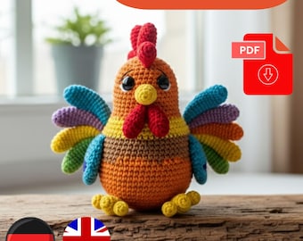 May include: A crocheted rooster in orange, brown, yellow, blue, green, and purple. The rooster has a red comb and wattle, with black eyes and yellow feet. The image includes the text "DOWNLOAD NOW" and a PDF icon.