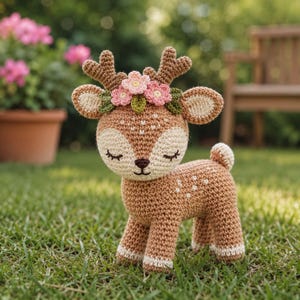 Könnte beinhalten: Gehäkelte Hirschfigur aus braunem und cremefarbenem Garn. Der Hirsch hat geschlossene Augen, eine braune Nase und einen Blumenkranz mit rosa Blüten. Weiße Punkte zieren den Körper des Hirsches, und er steht auf grünem Gras.