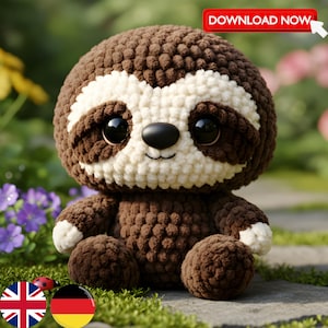 Könnte beinhalten: Ein handgefertigtes, gehäkeltes Faultier-Spielzeug in Braun- und Cremetönen, mit großen schwarzen Augen und einem lächelnden Gesicht. Das Faultier sitzt auf einem Bett aus grünem Moos. Das Bild enthält einen roten Button mit der Aufschrift "DOWNLOAD NOW".