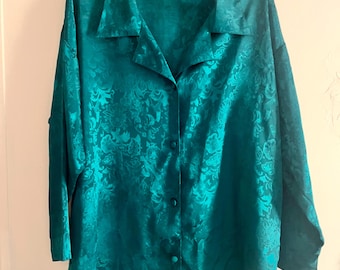 Victoria's Secret Emerald Green Satin Jacquard Pajama Top | 80s/90s Sleep Shirt