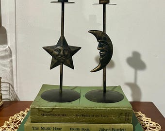 Jaren 90 grillige hemelse metalen kandelaars - vintage taps toelopende maan- en sterhouders