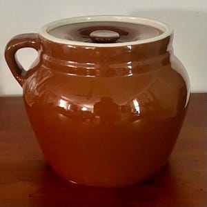 May include: A glossy, dark brown ceramic crock with a matching lid and a single side handle. The container features a rounded, bulbous body with a smooth, reflective finish and a light-coloured interior rim visible beneath the fitted circular lid.