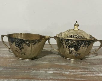 Vintage Japan Silver Plate Creamer & Sugar Bowl Set Grapevine Gold Wash Inside