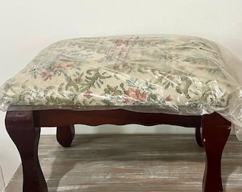 Vintage Upholstered Footstool, Floral Tapestry with Cabriole Wood Legs Grannycore aesthetic