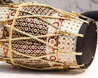 Professional Dholak Drum: Seasoned Sheesham Wood, Carving Design, Golden Nut Tuning