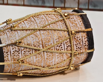 Professional Dholak: Seasoned Sheesham Wood, Golden Nut Tuning, Carving, Black Skin