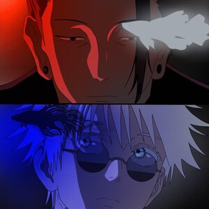 Può includere: Illustrazione digitale con due personaggi anime. Il personaggio in alto è illuminato di rosso, con capelli scuri e uno sguardo penetrante. Il personaggio in basso, con capelli bianchi e occhiali da sole rotondi, è immerso nella luce blu.