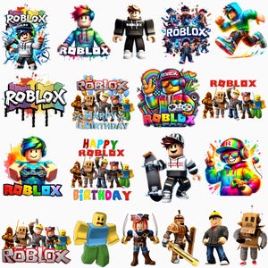 Peut inclure: Plusieurs illustrations et graphiques colorés sur le thème de Roblox. Les images présentent divers avatars Roblox, des logos et les textes "ROBLOX" et "HAPPY BIRTHDAY". Les dessins incorporent des couleurs vives et des poses dynamiques.