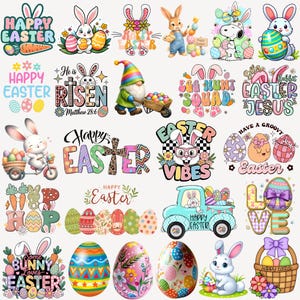 以下が含まれることがあります： イースターをテーマにしたカラフルなデザインのコレクション。画像には、ウサギ、装飾された卵、「ハッピーイースター」や「イースターバイブス」などのテキストが含まれています。デザインは、漫画風から花柄まで、さまざまなスタイルで、パステルカラーのパレットを使用しています。