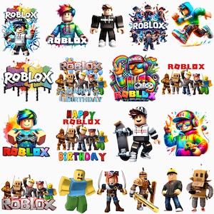 Può includere: Una collezione di grafiche colorate a tema Roblox. Le immagini presentano personaggi, loghi ed elementi testuali come "ROBLOX" e "Happy Birthday". I design incorporano colori vivaci e varie pose dei personaggi.