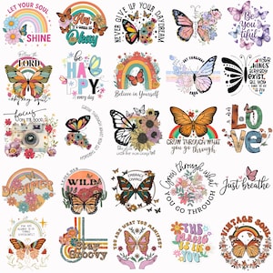Puede incluir: Una colección de pegatinas con temática de mariposas con citas y frases inspiradoras. Los diseños incluyen arcoíris, flores y varias ilustraciones de mariposas. Perfectas para decorar diarios, portátiles u otros objetos.
