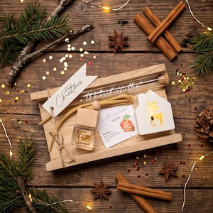 Weihnachtsgeschenk Geldgeschenk Box, Mini‑Diffusor Apfel‑Zimt, Lichthaus mit Ballonlicht, Handgemachtes Wunscherfüller Geschenk Eiche Box