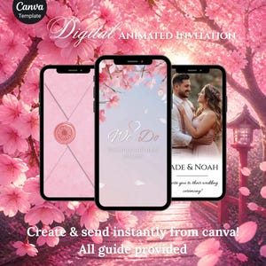 Könnte beinhalten: Drei Smartphones zeigen eine digitale animierte Hochzeitseinladungsvorlage. Die Bildschirme zeigen einen rosa Umschlag mit Wachssiegel, einen We Do-Titel mit Kirschblüten und ein Paar mit den Namen Jade und Noah auf einer Hochzeitseinladung.