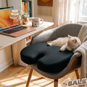 May include: A black ergonomic seat cushion with a U-shaped design sits on a gray chair. A sleeping cat rests on the cushion. A laptop, a mug with the word "Coginess", and a small succulent plant are on a desk in the background.