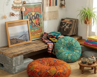 Bohemian Floor Cushion Round or Square Memory Foam Seat, Floor Pillow for Floor Couch, Living Room Decor, Bench Cushion