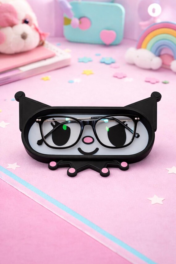 Kawaii Goth Cat Glasses Holder – Cute Aesthetic Desk Decor – Kuromi Inspired Style – Gift for Her