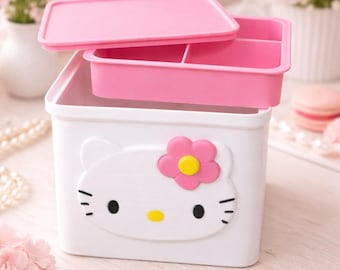 Hello Kitty Organizer Box with Tray – Sanrio Inspired Kawaii Storage Box – Cute Makeup & Jewelry Organizer – Desk Storage – Gift for Her