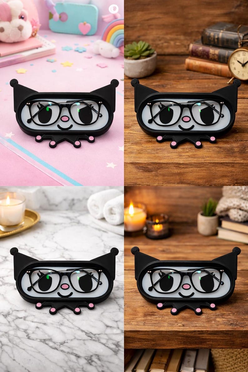 May include: Black eyeglass holder with a cartoon face design. The holder has a white interior and a black exterior with a smiling face, glasses, and pink accents. The holder is designed to hold a pair of eyeglasses.