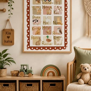 Könnte beinhalten: Ein gerahmtes Lehrposter mit Tierillustrationen und Maori-Wörtern. Das Poster befindet sich in einem hellbraunen Rahmen und ist von einem Holzregal mit Spielzeug, einem gewebten Teppich und einem Holzschild mit der Aufschrift "Kia kaha" umgeben.