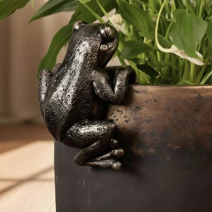 May include: A detailed, metallic frog sculpture clinging to the edge of a dark, textured planter. The frog has a textured surface and is positioned near green foliage. The planter has a dark, bronze-like finish, creating a contrast with the green plants.