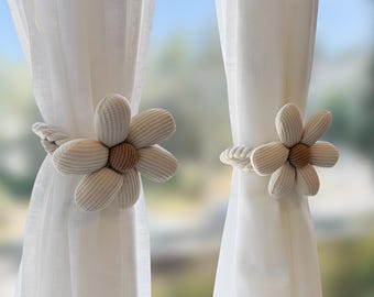 Boho Flower Curtain Tiebacks Magnetic, Corduroy Flower Curtain Holdbacks Pack of 2, No Drill Rope Curtain Buckle, Nursery Room Decor