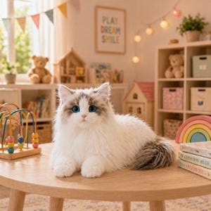 Può includere: Un gatto bianco e grigio con occhi blu brillanti è sdraiato su un tavolo di legno chiaro. Il gatto si trova in una stanza giochi per bambini, con un arcobaleno, libri e un cartello con la scritta "Play Dream Smile".