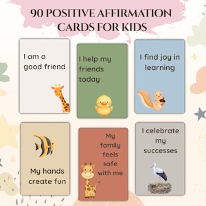 Könnte beinhalten: Sechs Affirmationskarten für Kinder, jede mit einer positiven Botschaft und einer farbenfrohen Illustration. Die Karten enthalten Sätze wie "Ich bin ein guter Freund" und "Ich finde Freude am Lernen".