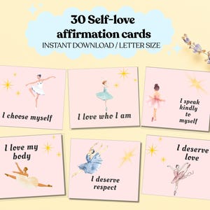 Puede incluir: Un conjunto de 30 tarjetas de afirmación de amor propio con ilustraciones de bailarinas en acuarela. Cada tarjeta presenta una afirmación positiva como "Me elijo a mí mismo" y "Merezco amor". Las tarjetas son de color rosa suave con fondo amarillo claro.