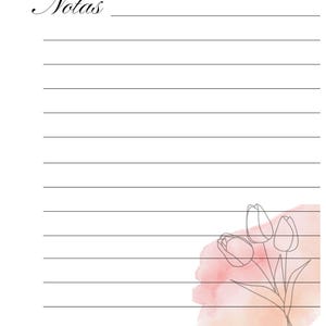 Puede incluir: Un bloc de notas con líneas y la palabra "Notas" en escritura elegante en la parte superior. Un diseño de acuarela en tonos rosa y melocotón con un contorno de tulipán se encuentra en la esquina inferior derecha.